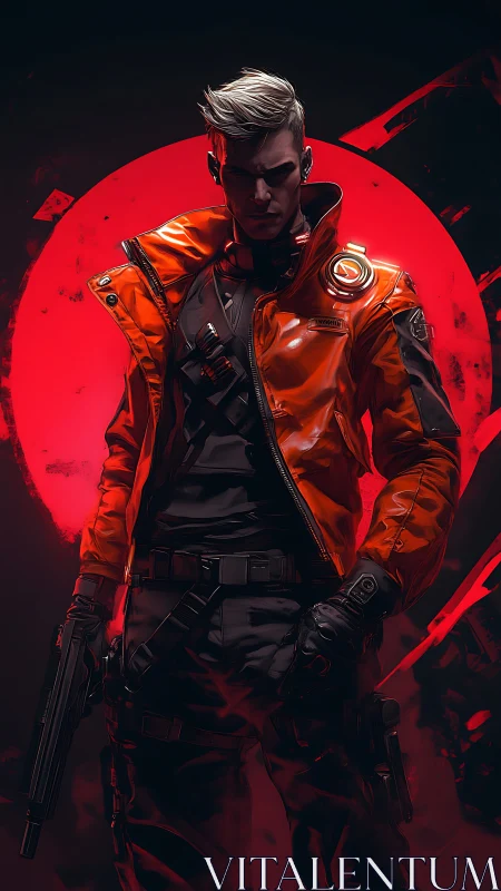 Cyberpunk gunfighter stands before a burning neon red sun