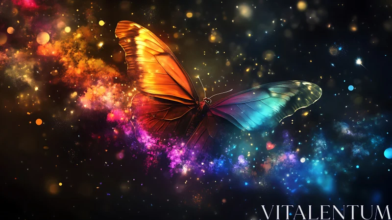 Butterfly with bicolored wings amid luminous particles in space.