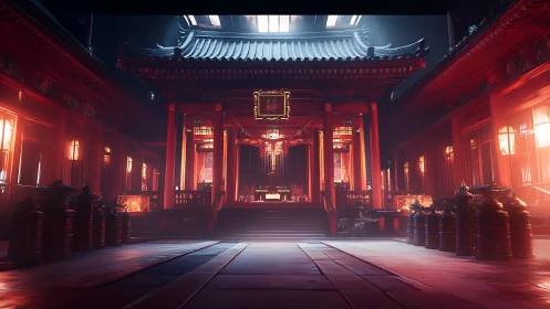 Digital render shows symmetrical red temple interior in haze