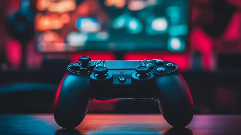 PlayStation Controller Bathed in Neon Ambiance.