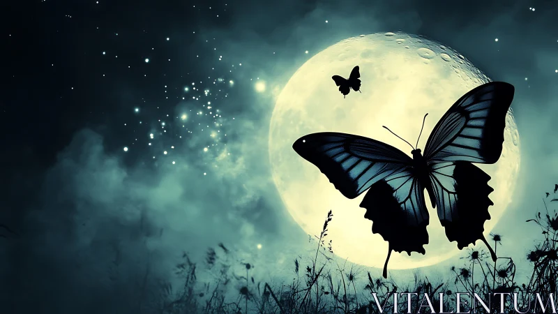 Large silhouetted butterfly crosses bright full moon