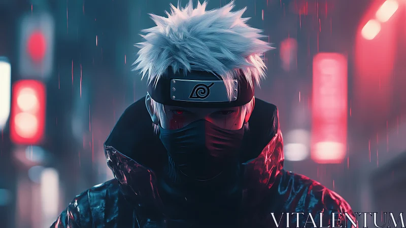 Neon drenched ninja stands calm in a rain soaked city night