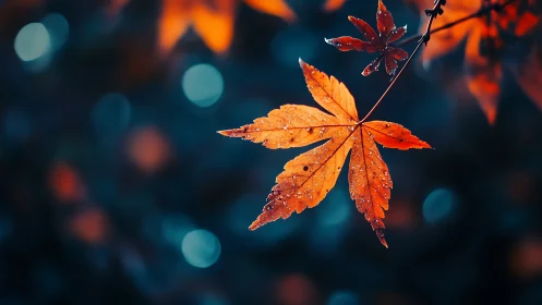 Single wet maple leaf is suspended against blurred background