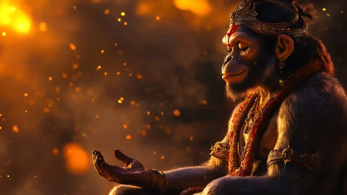 Emberlit monkey sage in jeweled calm beneath falling sparks.