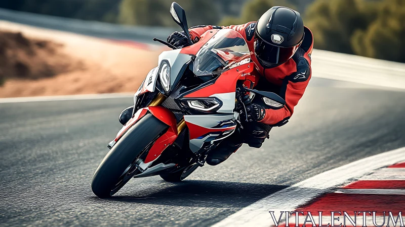 Motorcycle rider leaning into curve on closed racetrack.