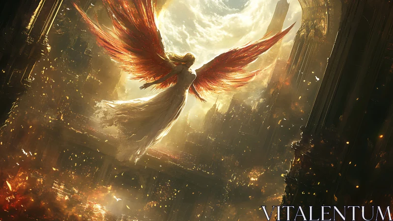 Radiant seraphic ascension over burning gothic megastructure.