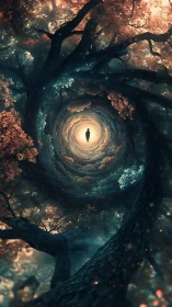 Forest portal spiraling toward a quiet, glowing horizon.