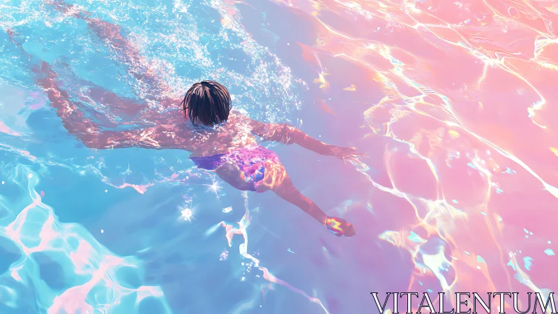 Swimmer gliding through iridescent pastel pool reflections.