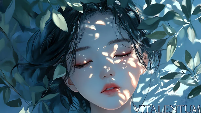 Girl resting in dappled light among cool green leaves.