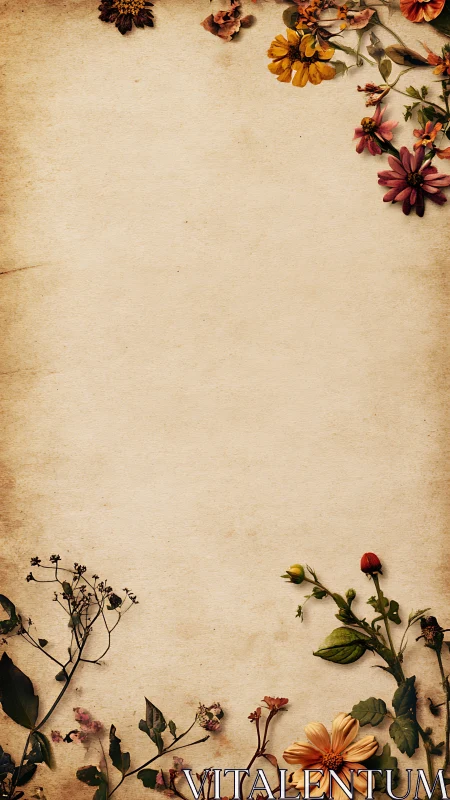 Aged botanical margin with asymmetrical floral distribution.