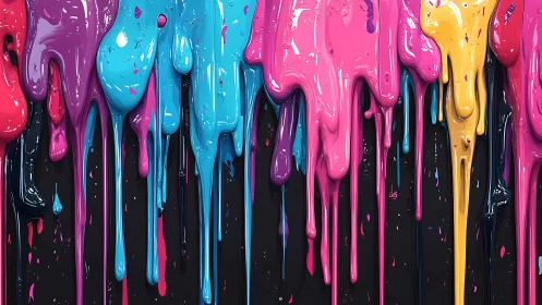 Chromatic liquid drips on dark ground in glossy digital paint.