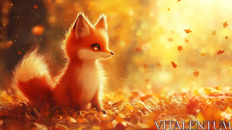 Small stylized fox amid autumn foliage in warm light.