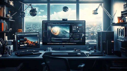 Skyline coder’s nebula lab in a luminous penthouse studio.