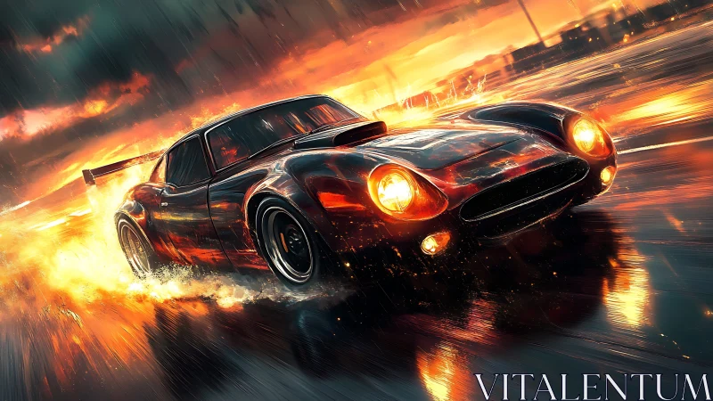 Classic sports car racing through a blazing sunset storm.
