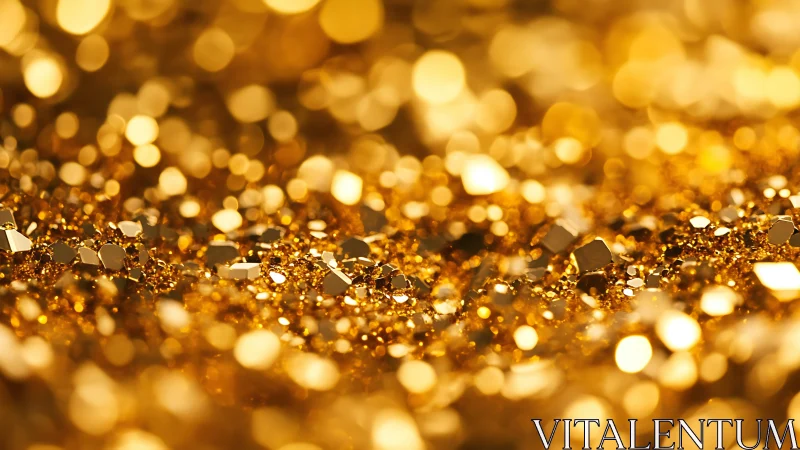 Macro view of golden glitter particles in soft focus field.