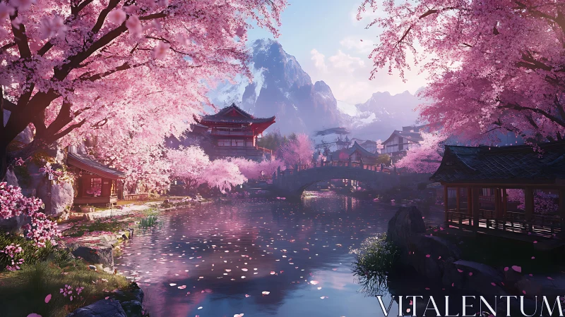 Digital painting of serene sakura-lined Japanese riverscape.