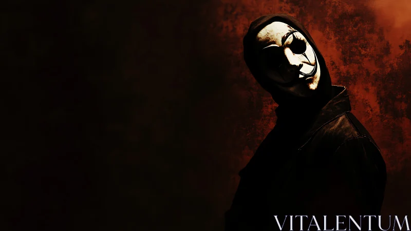 Masked figure leans from darkness in ominous red glow