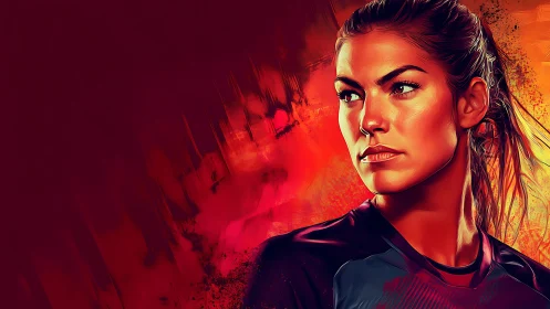 Dynamic female athlete portrait in fiery digital gradients.