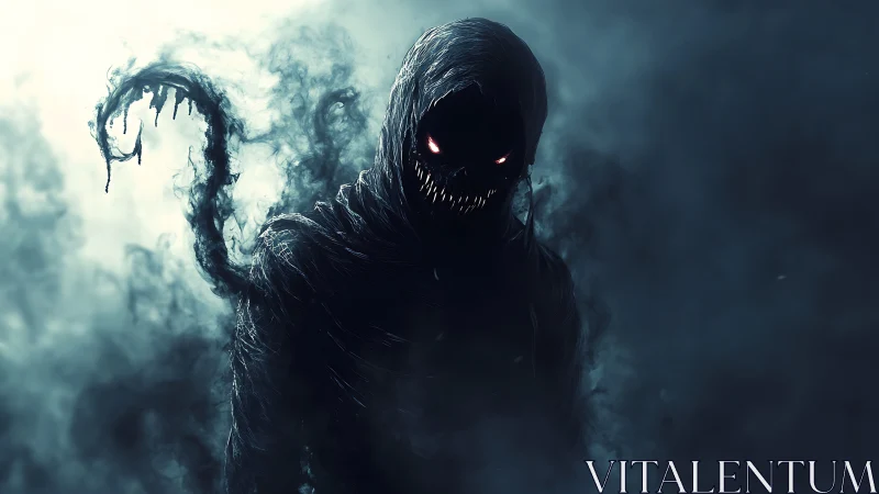 Shadow demon stalks through toxic mist with burning eyes.