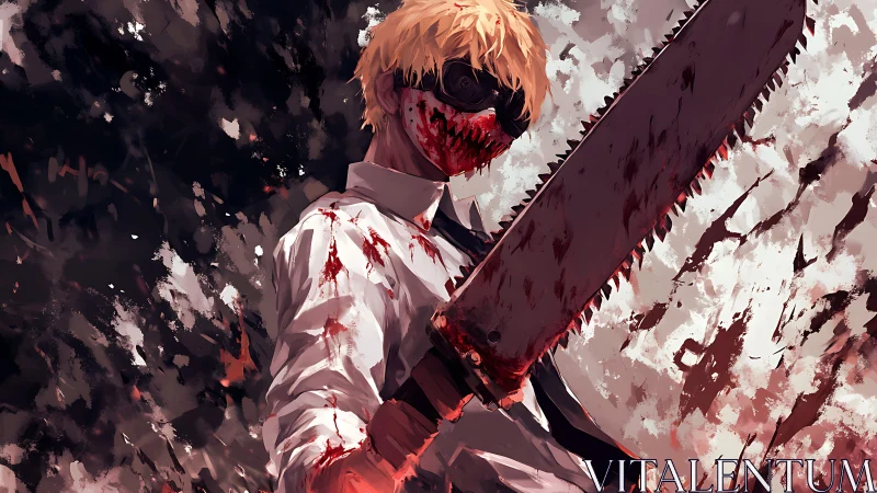 Chainsaw-masked hunter lifts blood-soaked blade skyward
