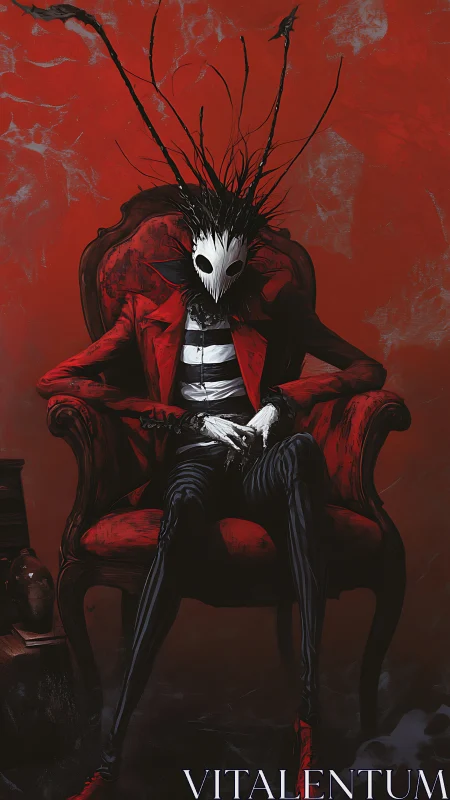 Masked humanoid figure seated on red armchair in studio scene.