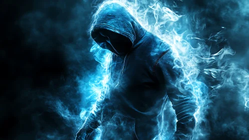 Hooded spectral figure engulfed in electric cyan firestorm.