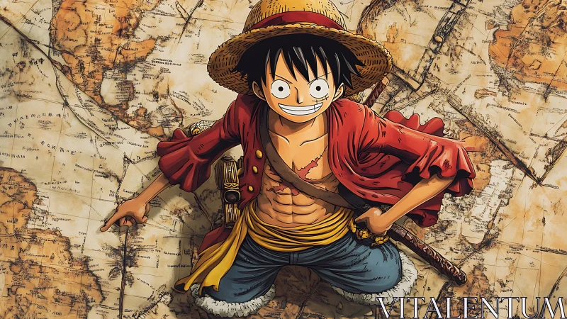 Straw hat adventurer over vintage nautical world map.