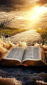 Open Bible glows as a radiant river surges toward sunset