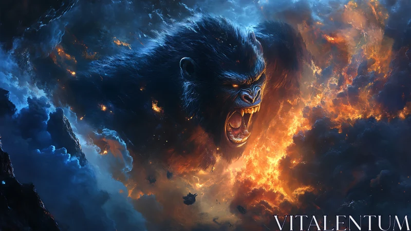 Enormous roaring gorilla emerging from fiery clouds.