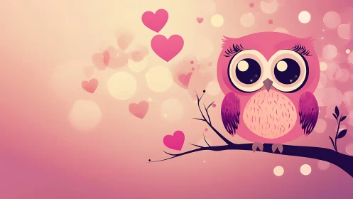 Pink cartoon owl sits on branch against heart bokeh background