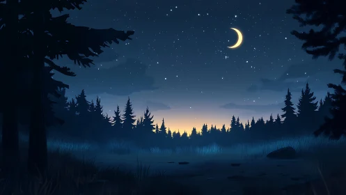 Moonlit Forest Silhouettes Over Tranquil Waters