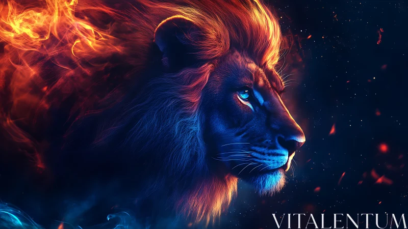 Digital painting of a bi-chromatic fire and ice lion profile.