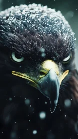Photorealistic close-up of snow-dusted eagle head study.