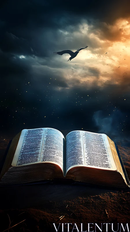 Sky-split scripture and lone bird over burning dusk pages.