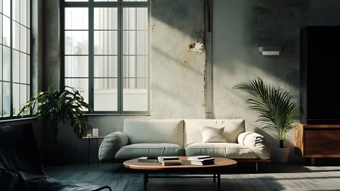 Sunlit industrial living room with cozy sofa and plants.