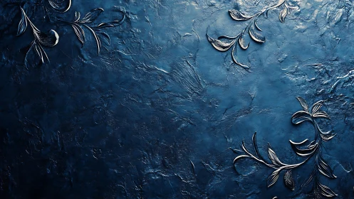 Embossed metallic vines on textured blue surface under raking light
