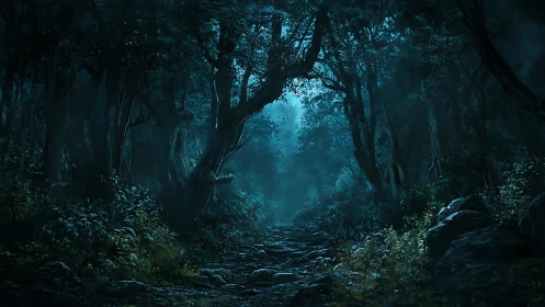 Moody Forest Path Through Ancient Trees in Twilight.