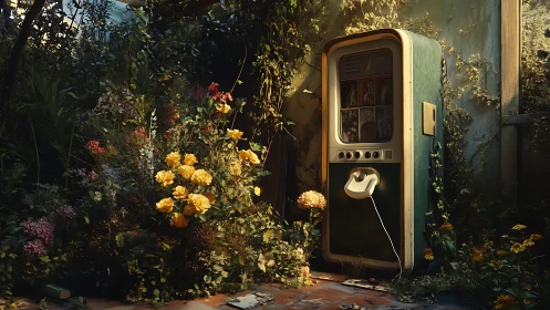 Retro vending machine overgrown by dense flowering vegetation in ruin