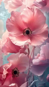 Pink Anemones Luminescent Against Turquoise Backdrop.