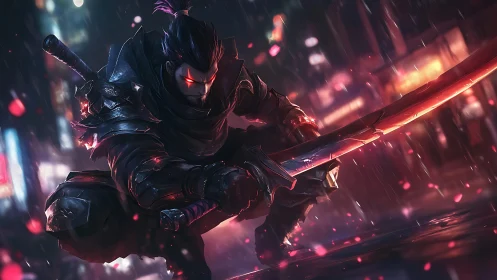 Shadowed cyber samurai kneels in neon rain, blade glowing bright