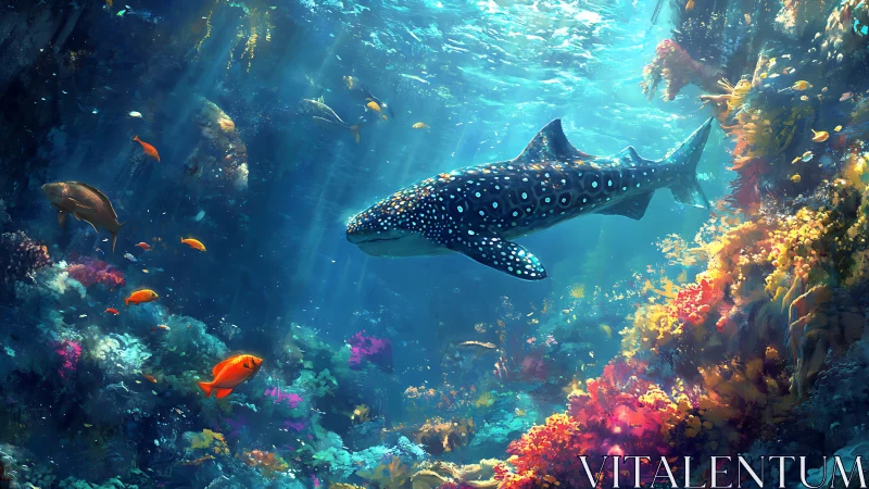 Star-dappled whale shark glides through a neon coral realm.