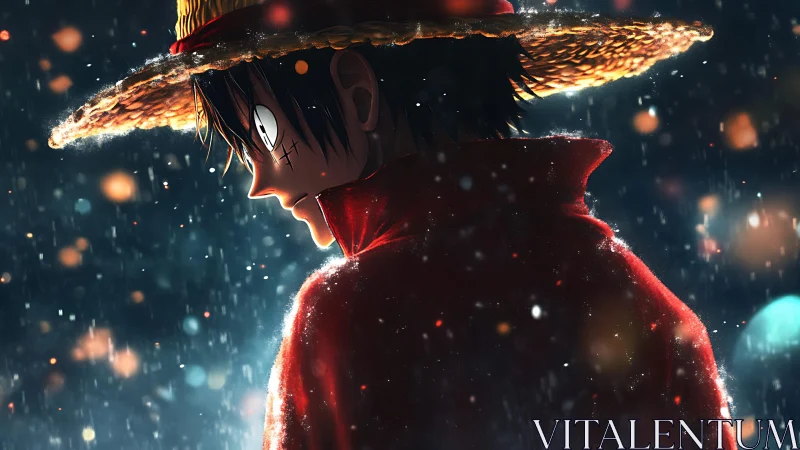Straw-hatted anime boy in luminous rain-soaked profile scene.