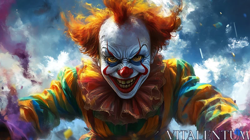Sinister clown lunges forward with intense yellow glare.