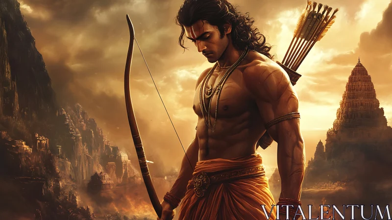 Armed male figure with bow before temples at sunset.