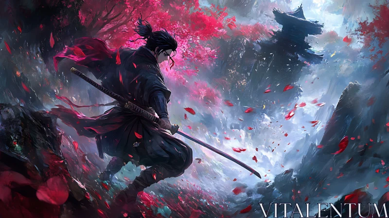Lone samurai stalks misty ravine under crimson blossoms.