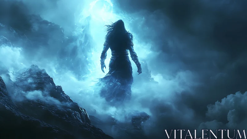 Lone dark warrior ascends through stormlit spectral gateway