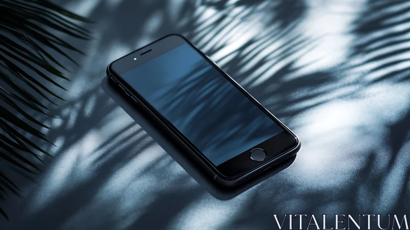 Black smartphone on textured surface with shadow patterns