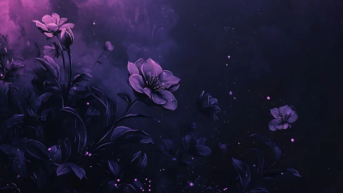 Luminescent nocturnal flora with atmospheric particulate effects.