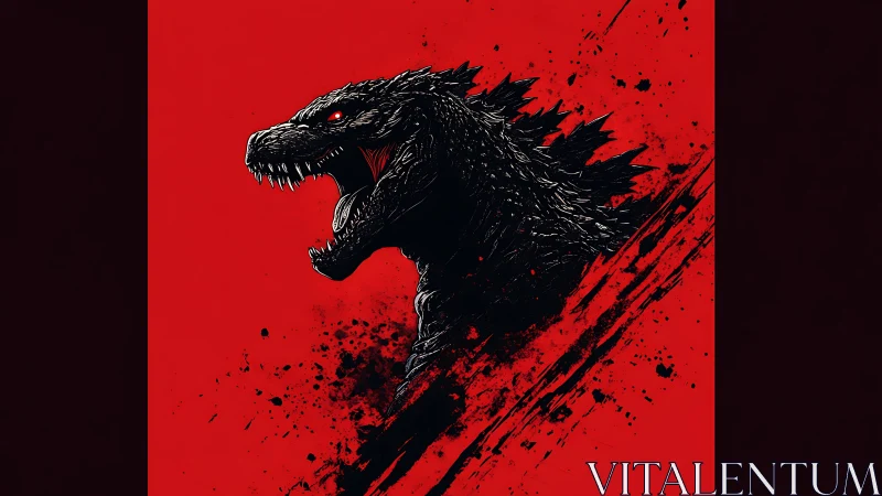 Monstrous reptile silhouette shreds bold crimson void.