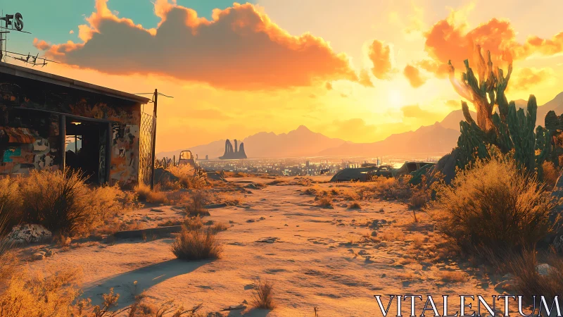 Desert foreground overlooks distant city under low sun